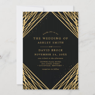 Black Gold Geometric Abstract Lines Wedding Kaart