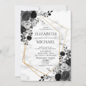 Black Gold Geometric Marble Floral Photo Wedding Kaart (Voorkant)