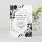 Black Gold Geometric Marble Floral Photo Wedding Kaart (Staand voorkant)