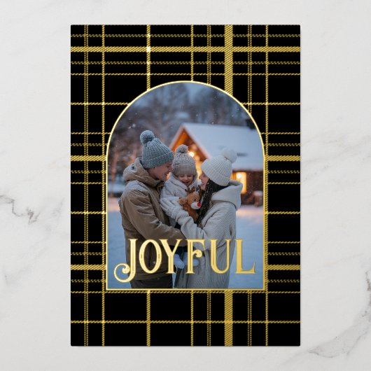 Black & Gold Gingham Kerstvakantie Foto Folie Feestdagenkaart (Voorkant)