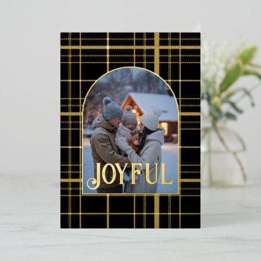 Black & Gold Gingham Kerstvakantie Foto Folie Feestdagenkaart (Staand Voorkant)