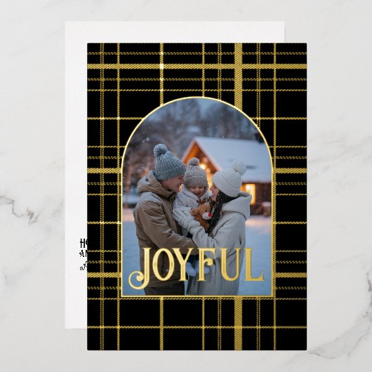 Black & Gold Gingham Kerstvakantie Foto Folie Feestdagenkaart (Voorkant / Achterkant)