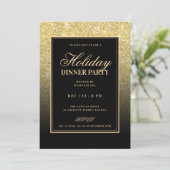 Black & Gold Glam FAUX Glitter Holiday Dinner  Kaart (Staand voorkant)