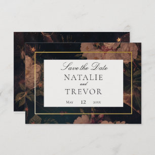 Black & Gold  Glam Floral Save Date Kaart