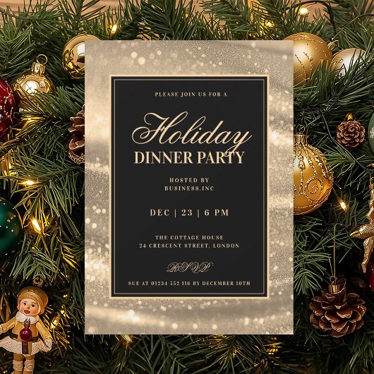 Black & Gold Glam Sequins Holiday Dinner Party Kaart