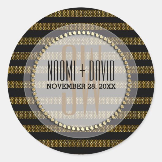 Black Gold Glam Stripes Monogram Wedding Sticker (Voorkant)