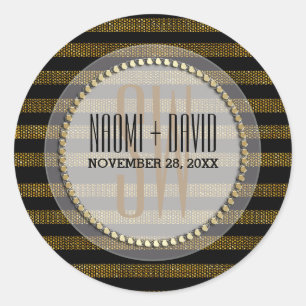 Black Gold Glam Stripes Monogram Wedding Sticker