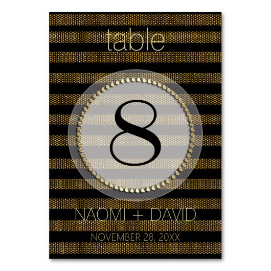 Black Gold Glam Stripes Wedding Table Number Kaart (Voorkant)