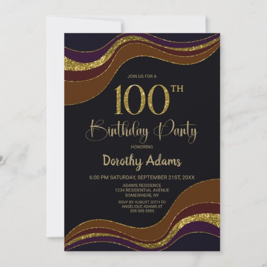 Black Gold Glitter 100th Birthday Party Kaart (Voorkant)