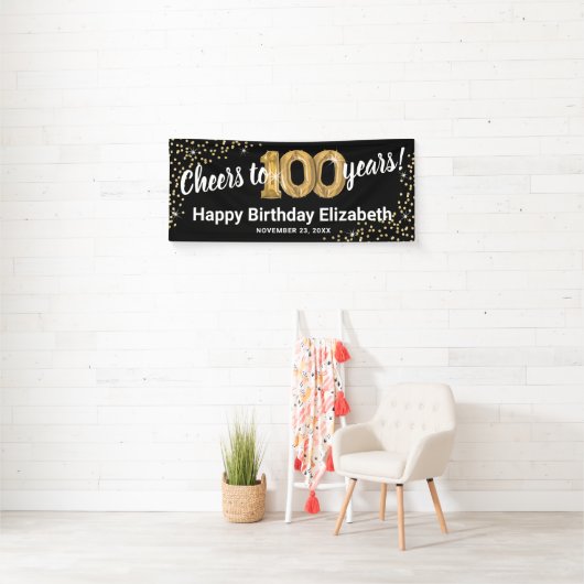 Black Gold Glitter 100th Birthday Spandoek (Insitu)