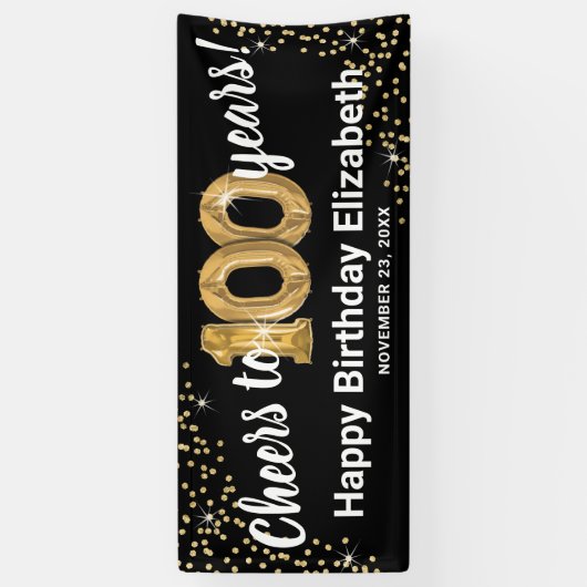 Black Gold Glitter 100th Birthday Spandoek (Verticaal)