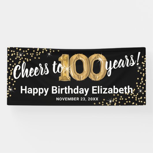 Black Gold Glitter 100th Birthday Spandoek (Horizontaal)