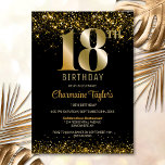 Black Gold Glitter 18th Birthday Party Kaart<br><div class="desc">Deze moderne zwarte met gouden glitter 18e verjaardagsfeestuitnodiging beschikt over een aanpasbaar tekstgebied waarmee u moeiteloos alle benodigde details voor uw speciale verjaardagsviering kunt opnemen,  waaronder de datum,  tijd,  locatie en RSVP-informatie. Er zijn verschillende papiersoorten en hoekstijlen beschikbaar voor uw unieke uitnodigingen,  samen met de optie om te downloaden.</div>