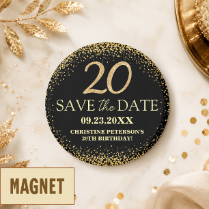 Black Gold Glitter 20e Verjaardag Save the Date Magneet