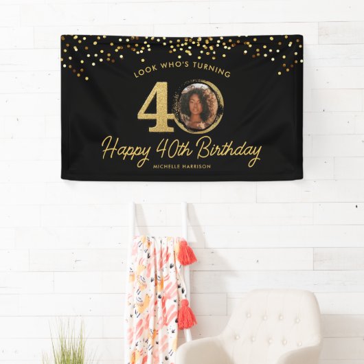 Black Gold Glitter 40e verjaardagsfeest Uw foto Spandoek (Insitu)