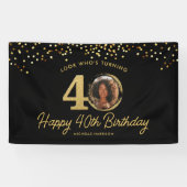 Black Gold Glitter 40e verjaardagsfeest Uw foto Spandoek (Horizontaal)