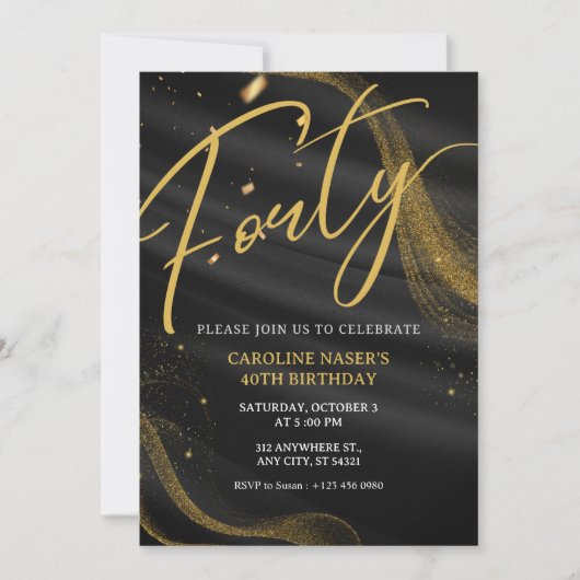 Black & Gold Glitter 40th Birthday Invitation   Kaart (Voorkant)