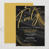 Black & Gold Glitter 40th Birthday Invitation   Kaart (Voorkant / Achterkant)