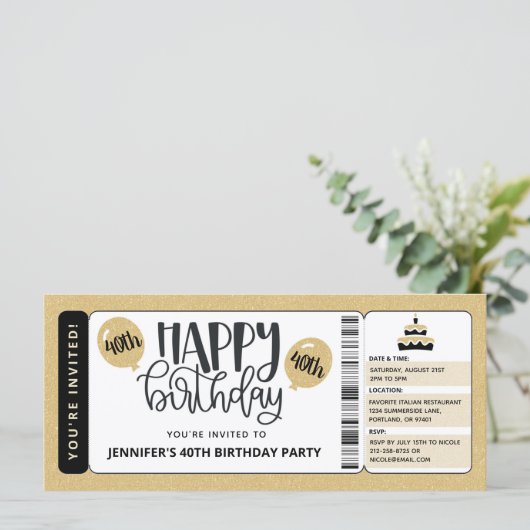 Black Gold Glitter 40th Birthday Invitation Ticket (Staand voorkant)