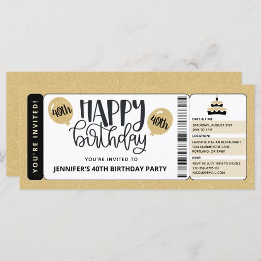 Black Gold Glitter 40th Birthday Invitation Ticket (Voorkant / Achterkant)