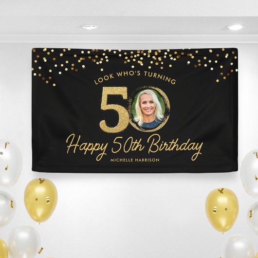 Black Gold Glitter 50e verjaardagsfeest Uw foto Spandoek