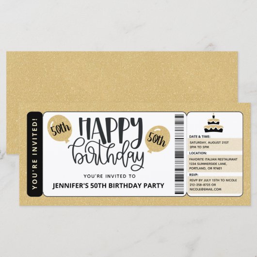 Black Gold Glitter 50th Birthday Invitation Ticket (Voorkant / Achterkant)