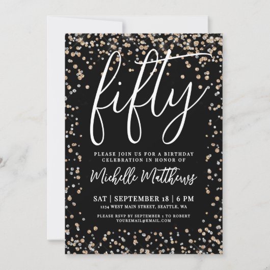 Black Gold Glitter 50th Birthday Kaart (Voorkant)