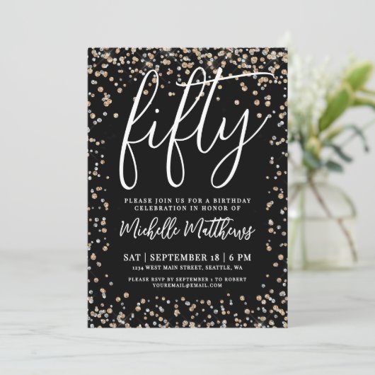 Black Gold Glitter 50th Birthday Kaart (Staand voorkant)
