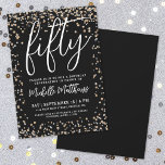 Black Gold Glitter 50th Birthday Kaart<br><div class="desc">Vier de grote 5-0 in stijl met deze moderne en feestelijke 50e verjaardagsfeestuitnodiging. Het ontwerp toont faux glinsterende gouden en zilveren confetti op een strakke zwarte achtergrond, met het woord "Fifty" gemarkeerd in elegant schrift bovenaan. Een mix van elegante script en klassieke serif lettertypen in heldere witte creëer's met een...</div>