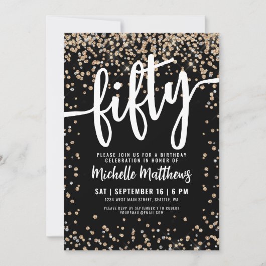 Black Gold Glitter 50th Birthday Kaart (Voorkant)
