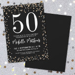 Black Gold Glitter 50th Birthday Party Kaart<br><div class="desc">Vier de grote 5-0 in stijl met deze elegante en feestelijke 50e verjaardagsfeestuitnodiging. Het ontwerp benadrukt een gedurfde en klassieke serif "50" aan de bovenkant, geaccentueerd met faux glinsterende gouden en zilveren confetti op een slanke zwarte achtergrond. De naam van de eregast wordt weergegeven in een leuk maar elegant script,...</div>