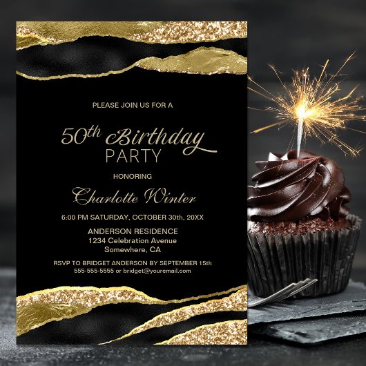 Black Gold Glitter 50th Birthday Party Kaart