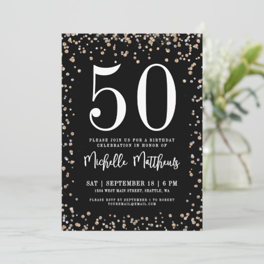 Black Gold Glitter 50th Birthday Party Kaart (Staand voorkant)
