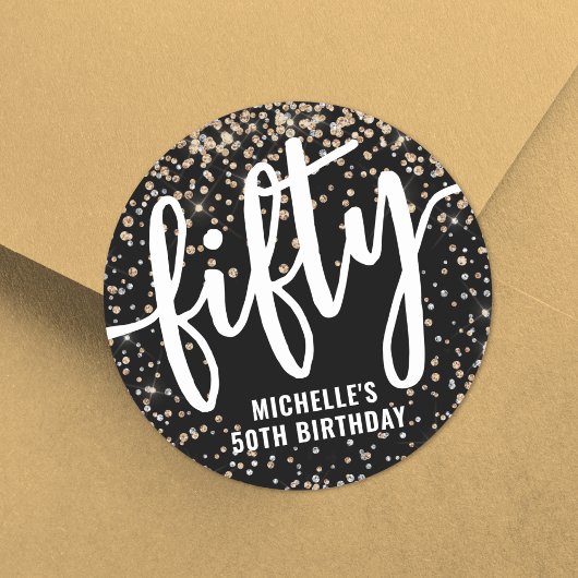 Black Gold Glitter 50th Birthday Ronde Sticker
