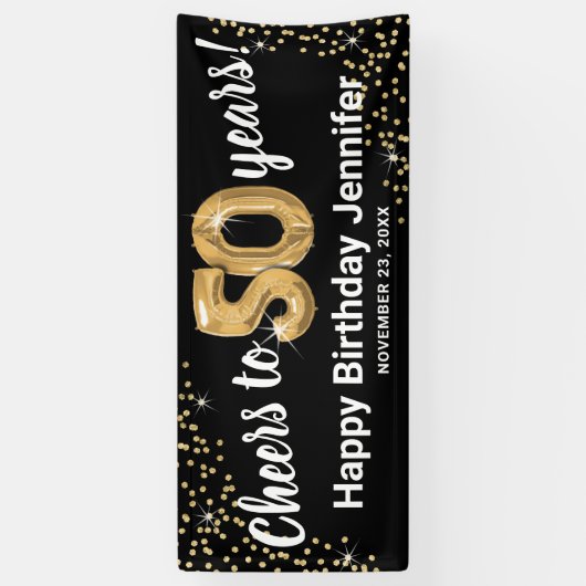Black Gold Glitter 50th Birthday Spandoek (Verticaal)
