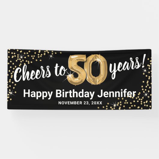Black Gold Glitter 50th Birthday Spandoek (Horizontaal)