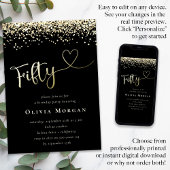 Black Gold Glitter 50th Script Kaart