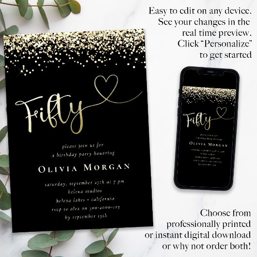 Black Gold Glitter 50th Script Kaart