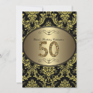 Black Gold Glitter 50th Woman Birthday Invitation Kaart