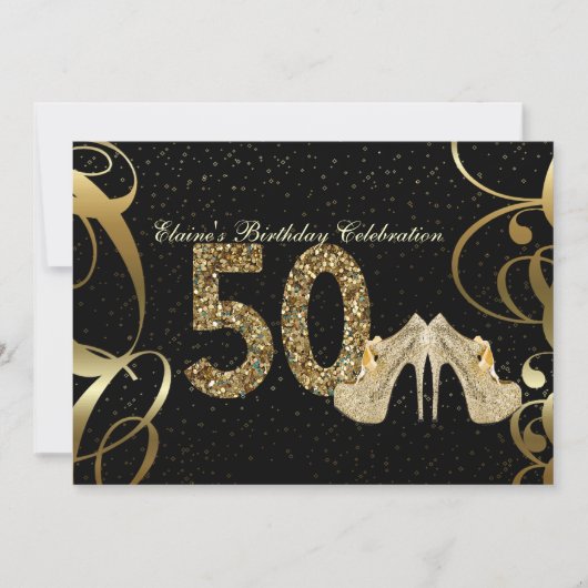 Black Gold Glitter 50th Woman Birthday Invitation Kaart (Voorkant)
