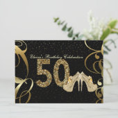 Black Gold Glitter 50th Woman Birthday Invitation Kaart (Staand voorkant)