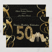 Black Gold Glitter 50th Woman Birthday Invitation Kaart (Voorkant / Achterkant)