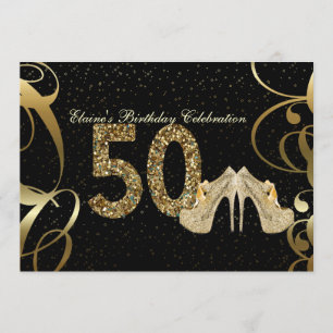 Black Gold Glitter 50th Woman Birthday Invitation Kaart