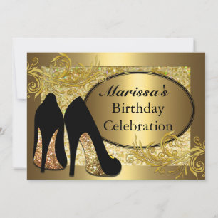 Black Gold Glitter 50th Womans Birthday Invitation Kaart