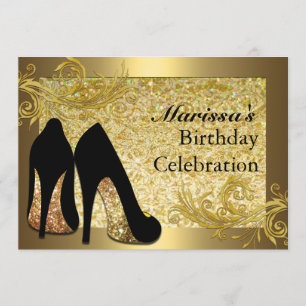 Black Gold Glitter 50th Womans Birthday Invitation Kaart