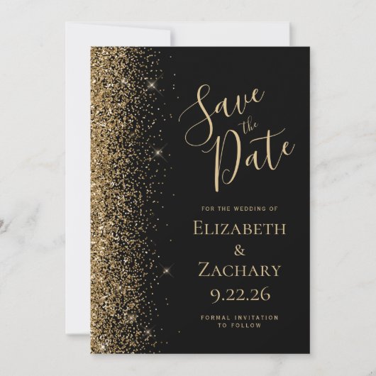 Black Gold Glitter 5-foto save the date kaart (Voorkant)