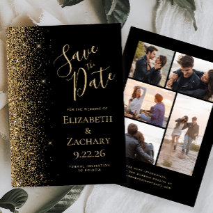 Black Gold Glitter 5-foto save the date kaart