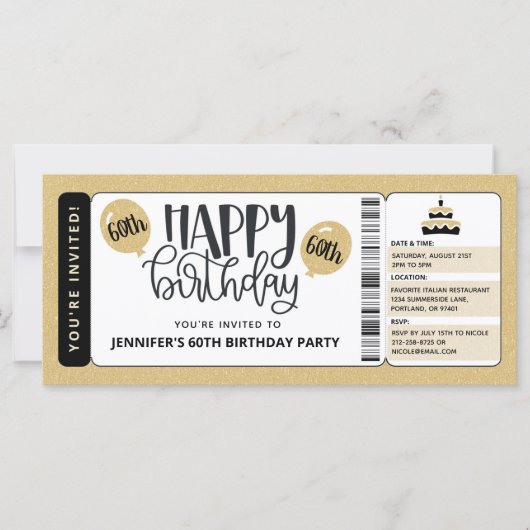 Black Gold Glitter 60th Birthday Invitation Ticket (Voorkant)