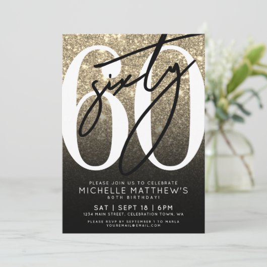 Black Gold Glitter 60th Birthday Kaart (Staand voorkant)