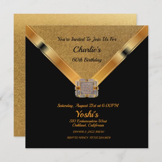 Black, Gold Glitter 60th Birthday Party Invitation Kaart (Voorkant / Achterkant)